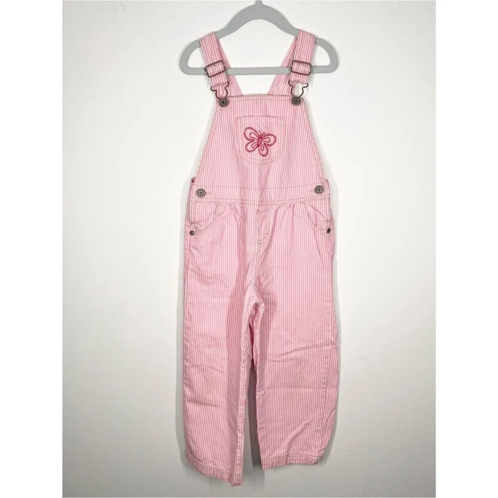 OshKosh B’gosh Pink White Railroad Stripe Embroidered Butterfly Coveralls 5T